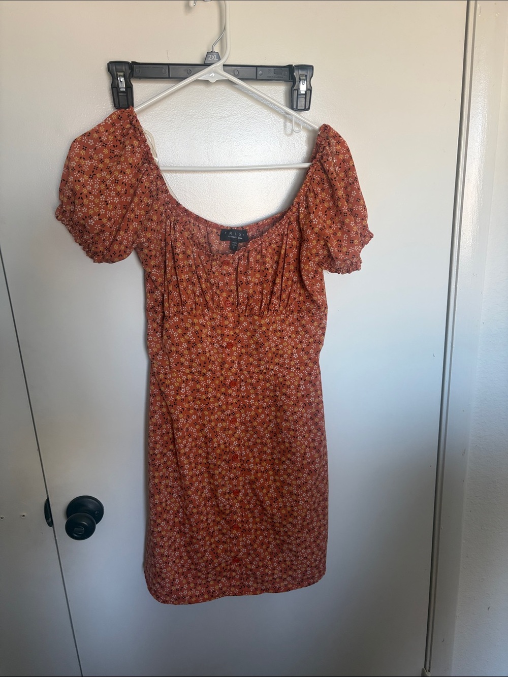 Trixxi Rust Floral Puff-Sleeve Square Neck Mini Dress